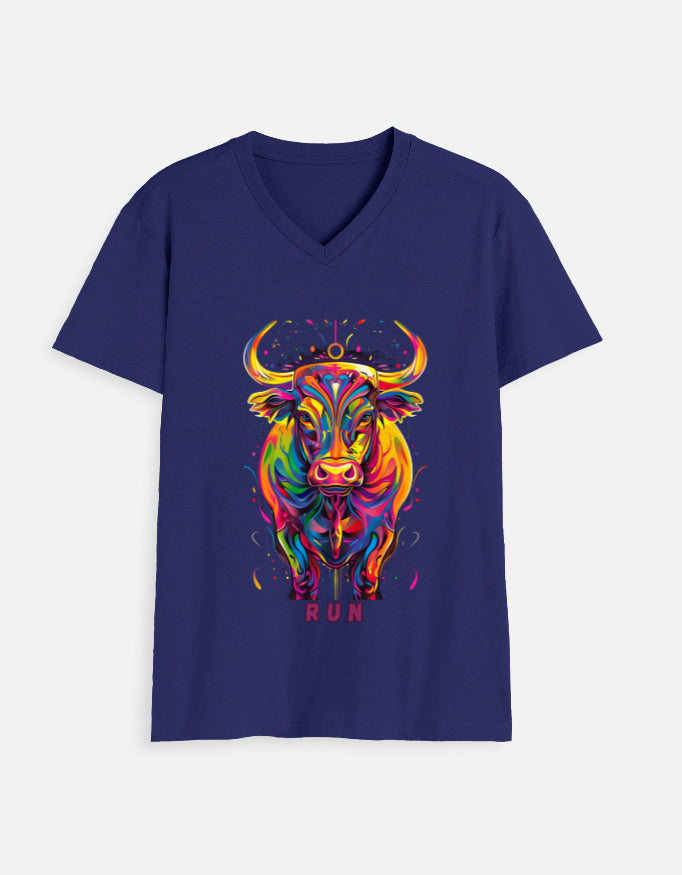 Alpha hue men's v neck bull run t shirt in navy with colorful bull graphic and run text
