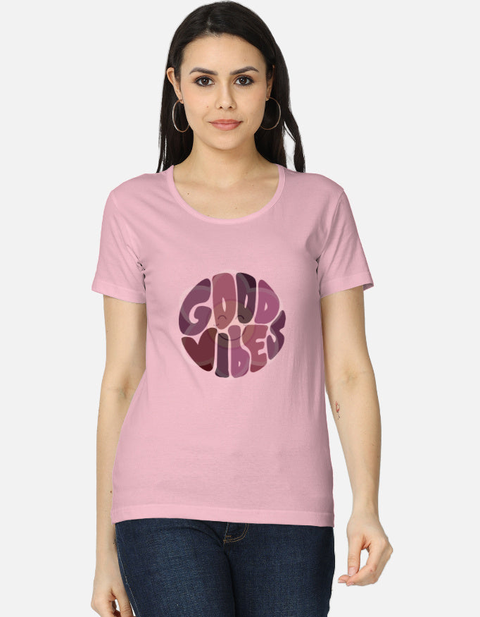 Alpha hue women's classic t-shirt in pink with good vibes graphic and short sleeves