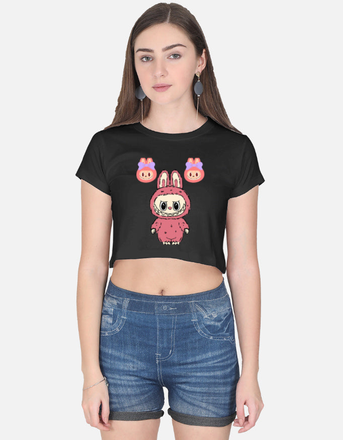 Cute graphic crop top for women by ALPHA HUE featuring a playful pink bunny design on black fabric