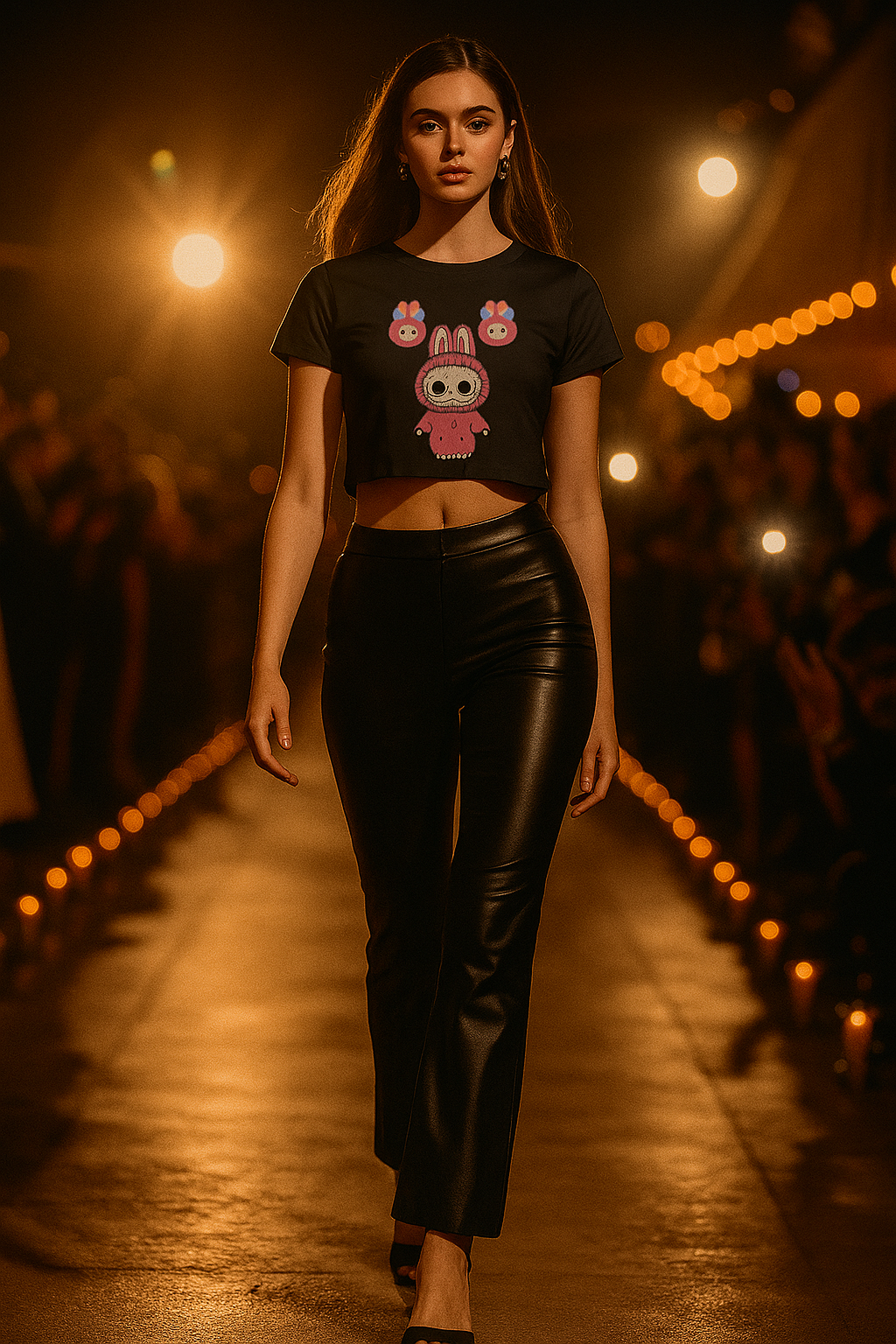 Model wearing ALPHA HUE cute graphic crop top for women styled with black pants on runway
