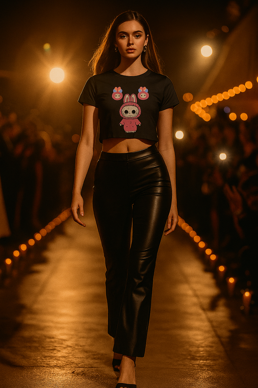 Model wearing ALPHA HUE cute graphic crop top for women styled with black pants on runway