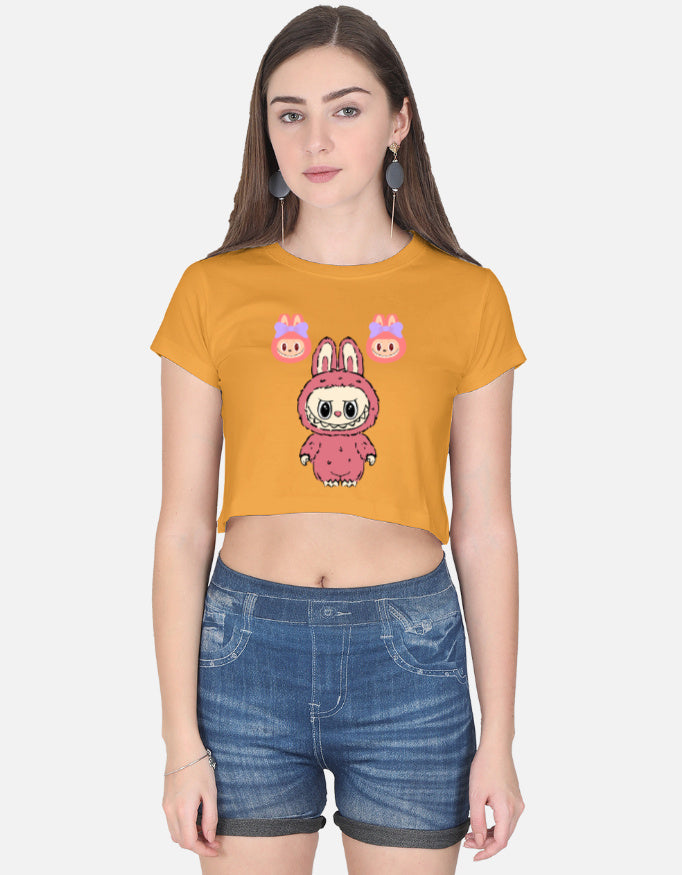ALPHA HUE cute graphic crop top for women in yellow with cartoon bunny design