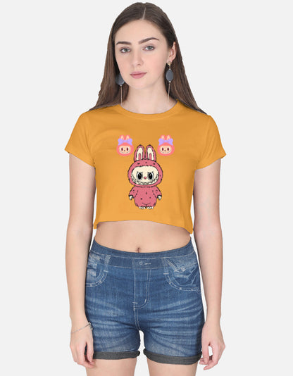 ALPHA HUE cute graphic crop top for women in yellow with cartoon bunny design