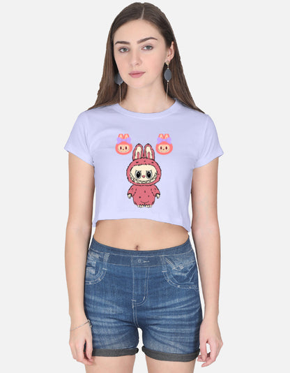 ALPHA HUE cute graphic crop top for women in light purple with bunny and pig cartoon design