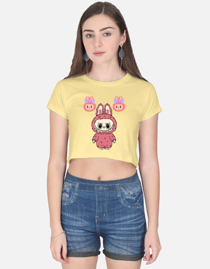 ALPHA HUE cute graphic crop top for women in yellow with bunny character print