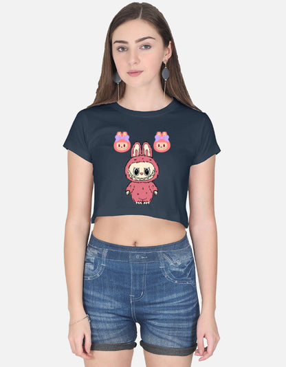 ALPHA HUE navy blue cute graphic crop top for women featuring a pink bunny and pig character design