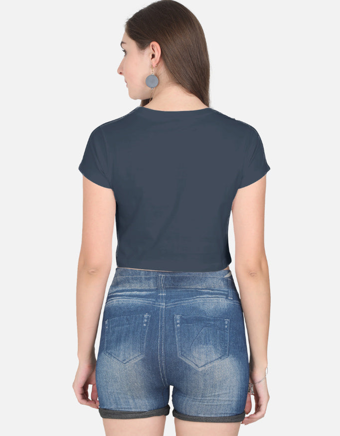 ALPHA HUE cute graphic crop top for women shown from the back in dark blue paired with denim shorts