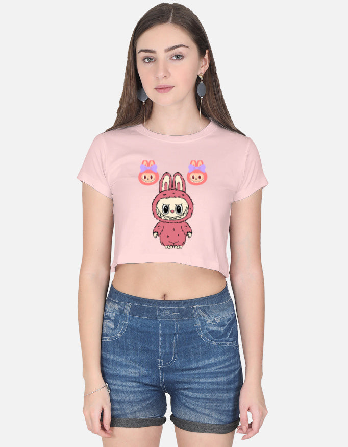 ALPHA HUE cute graphic crop top for women in pink with cartoon bunny and character print