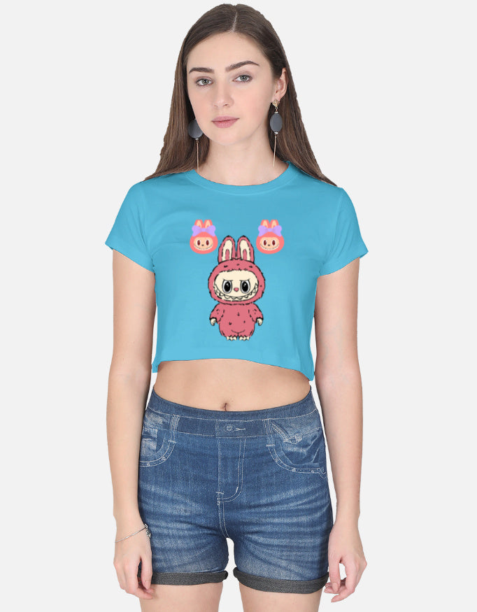 ALPHA HUE cute graphic crop top for women in blue with a cartoon bunny print