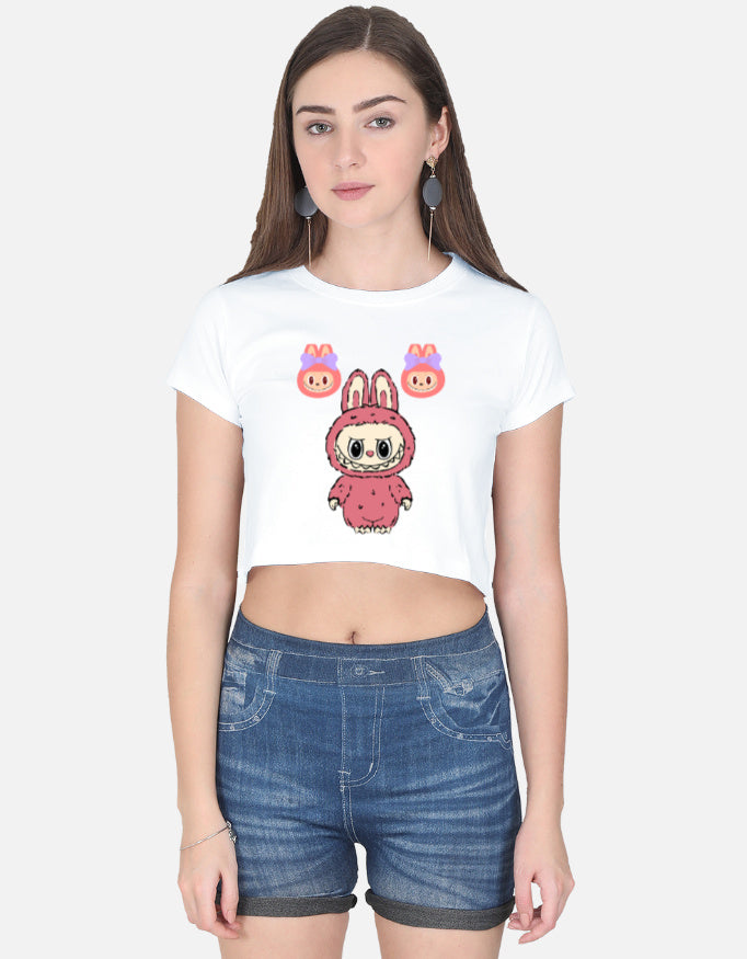 ALPHA HUE cute graphic crop top for women in white with cartoon bunny and pig design