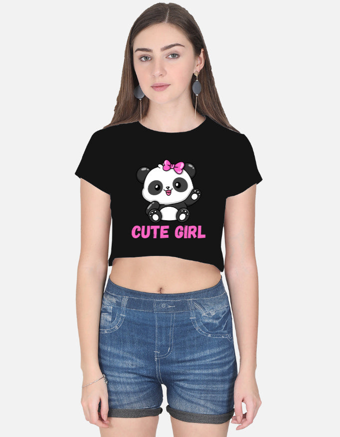 Alpha Hue cute panda crop top in black with pink bow graphic and cute girl text