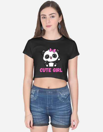 Alpha Hue black cute panda crop top with cartoon panda and cute girl text worn with denim shorts