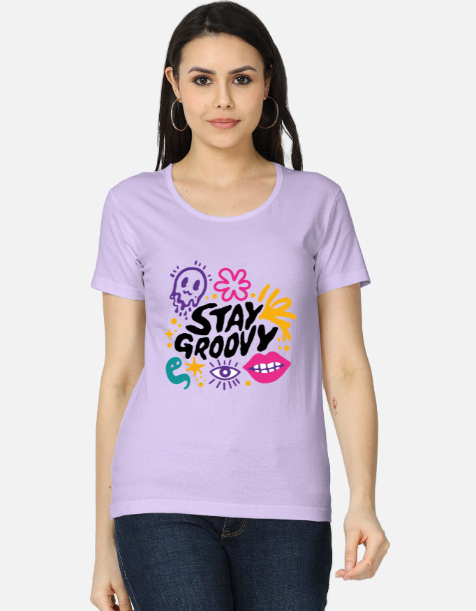 Alpha hue women's classic cute printed t-shirt for women with stay groovy design in lavender