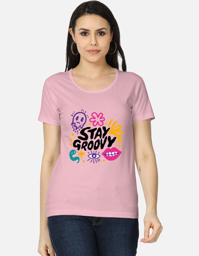 Alpha hue women's classic cute printed t-shirt for women in pink with Stay Groovy graphic
