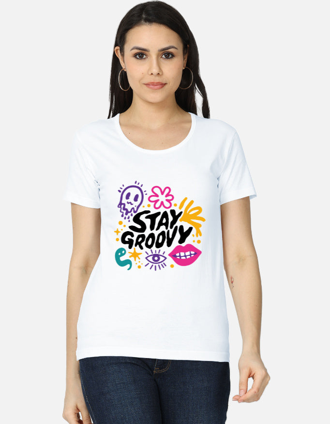 Alpha hue women's classic white cute printed t-shirt for women with colorful stay groovy design