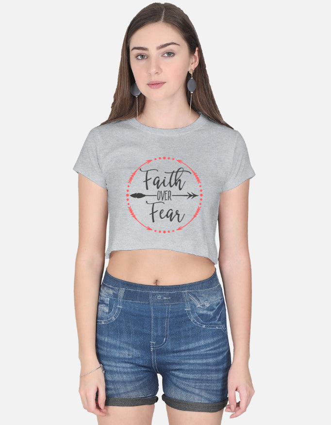 Alpha hue women crop top in gray with faith over fear crop top text and arrow graphic