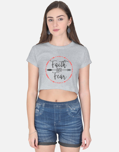 Alpha hue women crop top in gray with faith over fear crop top text and arrow graphic