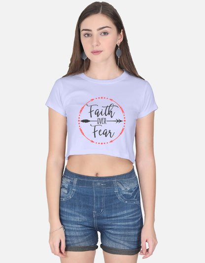 Alpha hue women crop top in light purple with faith over fear crop top text and arrow design