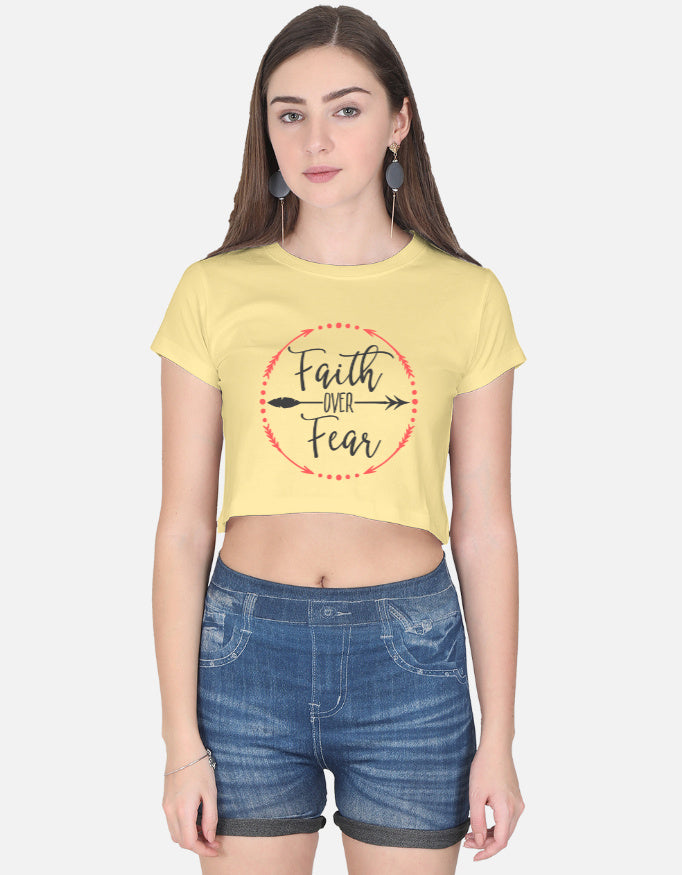 Alpha hue women faith over fear crop top in light yellow paired with denim shorts