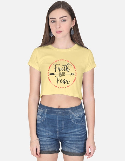Alpha hue women faith over fear crop top in light yellow paired with denim shorts