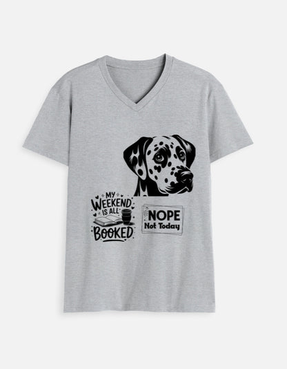 Alpha hue funny dog graphic tee for men in gray with Dalmatian print and weekend quote