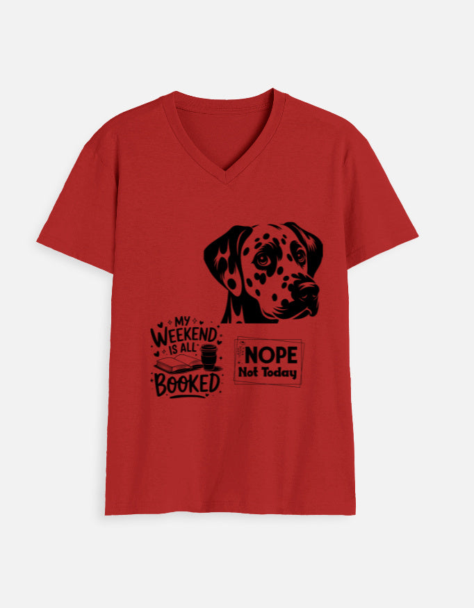 Alpha hue men V neck funny dog graphic tee for men in red with black dog illustration and weekend quote