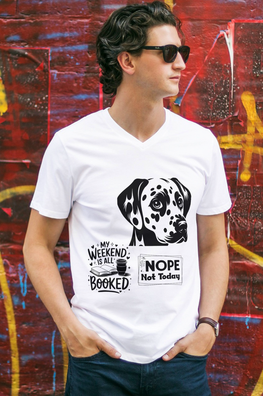 Alpha Hue funny dog graphic tee for men white V neck T-shirt with dalmatian and weekend book design