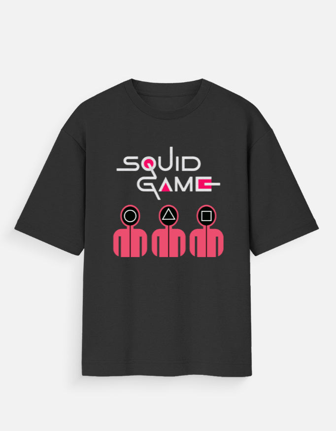 Black ALPHA HUE men oversized standard squid game t-shirt with pink geometric character designs