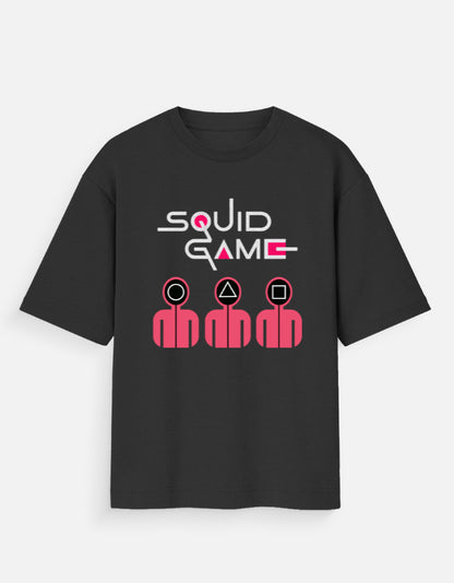 Black ALPHA HUE men oversized standard squid game t-shirt with pink geometric character designs
