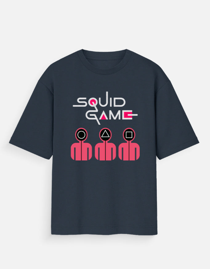 ALPHA HUE men oversized squid game t-shirt in dark color with pink shapes and text design