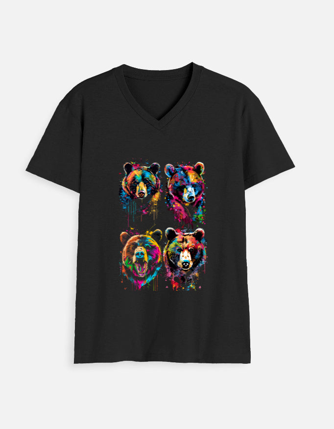 Alpha Hue men v neck graphic labubu bear print shirt for men in black with colorful bear designs