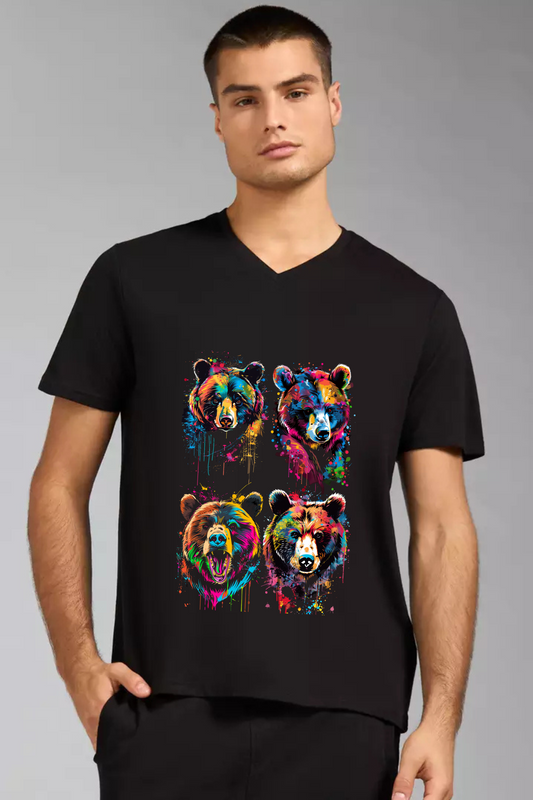 Alpha hue men v neck graphic labubu bear print shirt for men in black with colorful bear designs