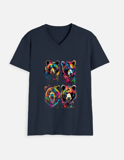 Alpha Hue men V neck graphic labubu bear print shirt for men in navy with colorful bear faces