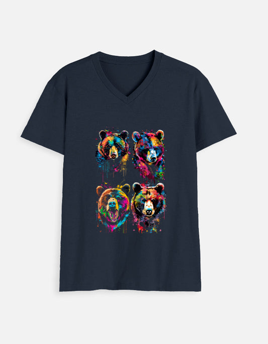 Alpha Hue men V neck graphic labubu bear print shirt for men in navy with colorful bear faces
