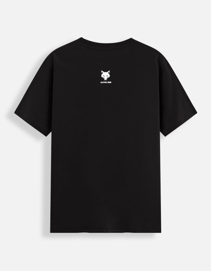 Black alpha hue graphic stretch tee for men with small white logo on back