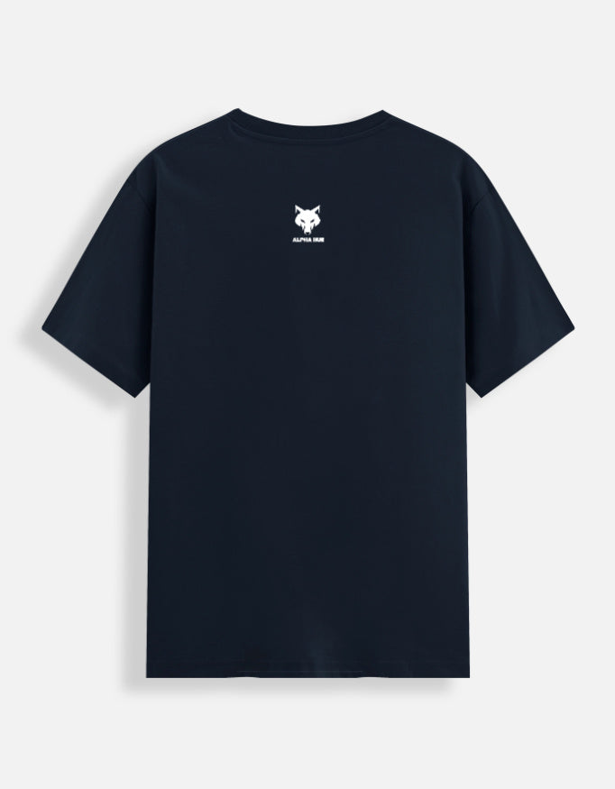 Back view of alpha hue graphic stretch tee for men in black with small white logo design