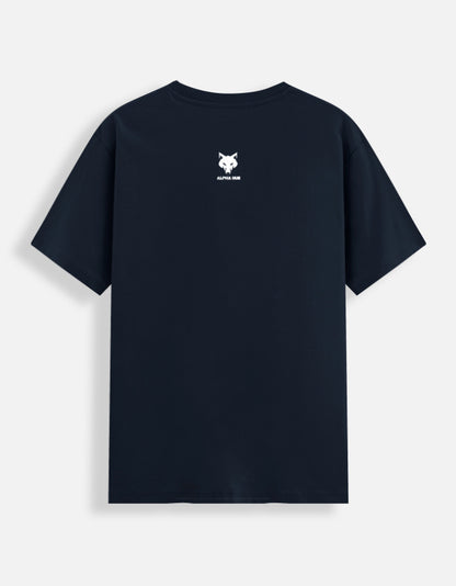 Back view of alpha hue graphic stretch tee for men in black with small white logo design