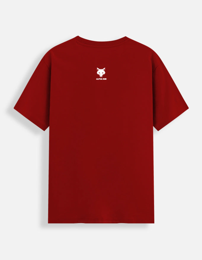 Alpha Hue red graphic stretch tee for men with small white logo on back collar