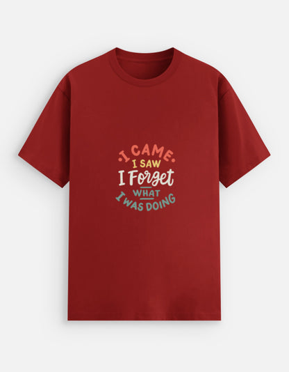 Alpha hue graphic stretch tee for men in red with humorous text design I came I saw I forget