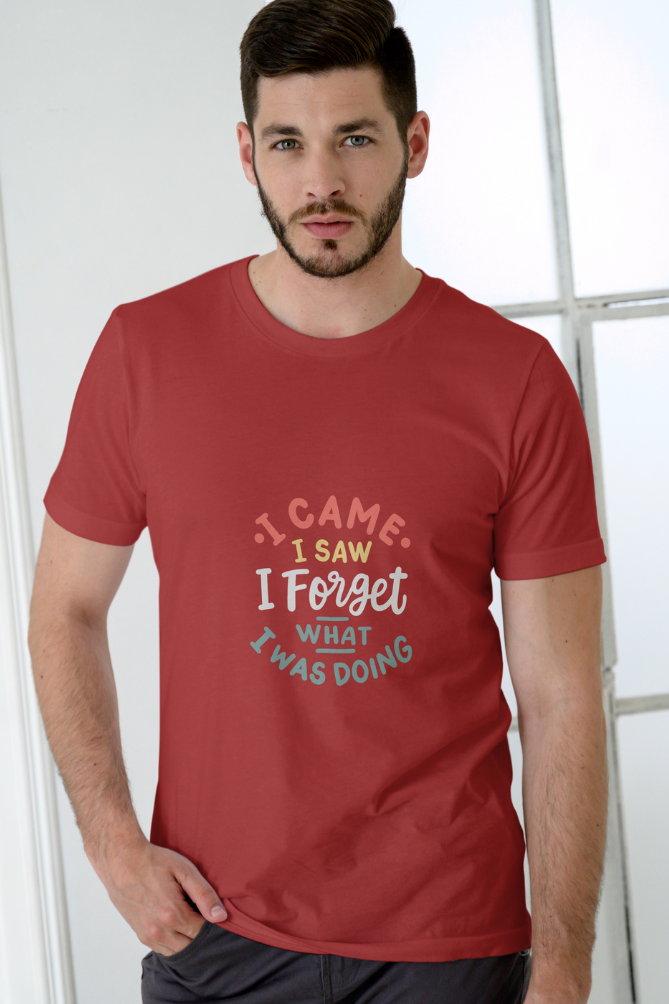 alpha hue graphic stretch tee for men in red with colorful text design worn by male model