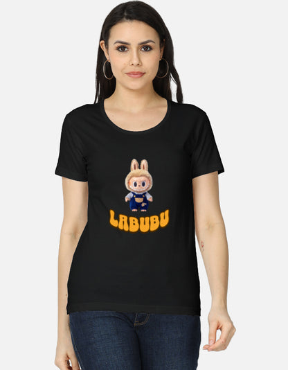 ALPHA HUE women's classic black t-shirt featuring Labubu character tee with colorful wolf and full moon design