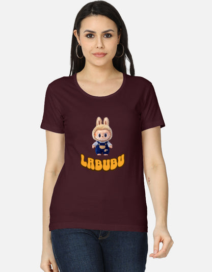 ALPHA HUE women's classic Labubu character tee in maroon with cute cartoon design