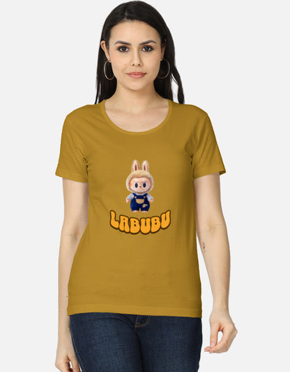 ALPHA HUE women's classic T-shirt in mustard featuring Labubu character tee graphic design