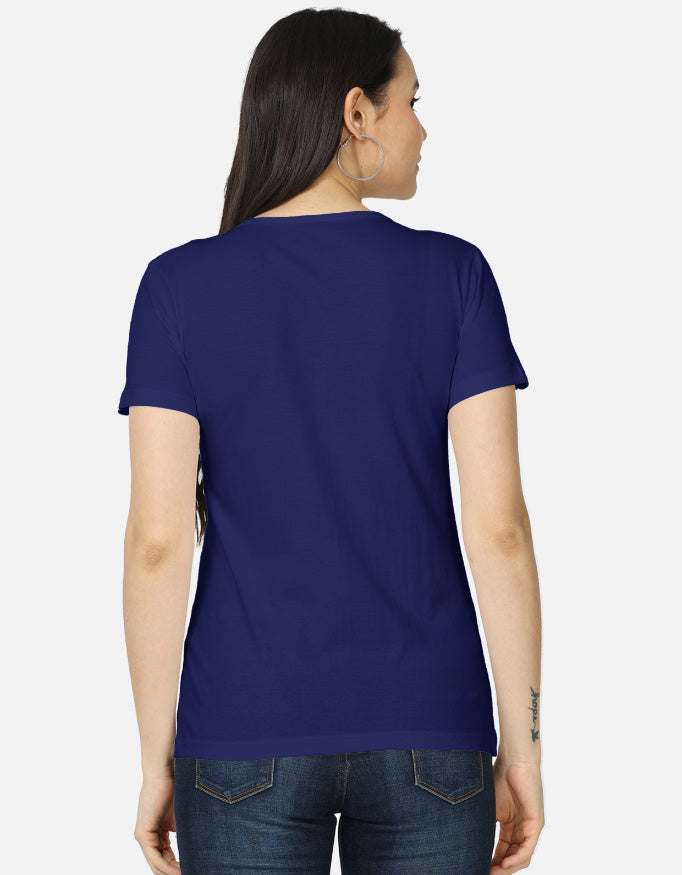 Back view of ALPHA HUE women's classic Labubu character tee in navy blue with short sleeves