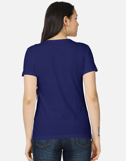 Back view of ALPHA HUE women's classic Labubu character tee in navy blue with short sleeves