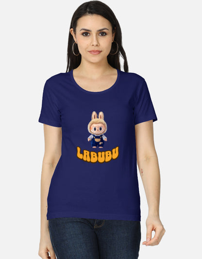 ALPHA HUE women's classic navy t-shirt featuring Labubu character tee with circular dot design and script text