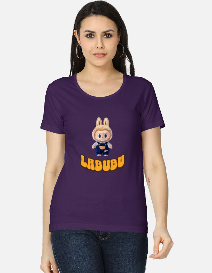 ALPHA HUE women's classic t-shirt in dark purple featuring Labubu character tee design with circular dot pattern