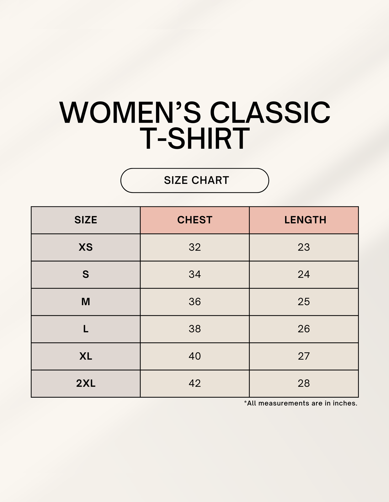 Size chart for ALPHA HUE women's classic t-shirt showing chest and length measurements in inches