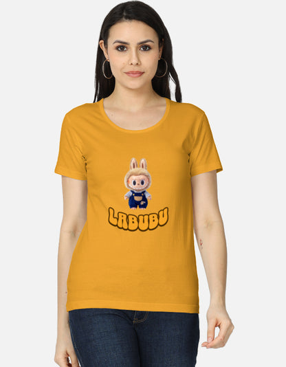 ALPHA HUE women's classic Labubu character tee in mustard yellow with cute Labubu design