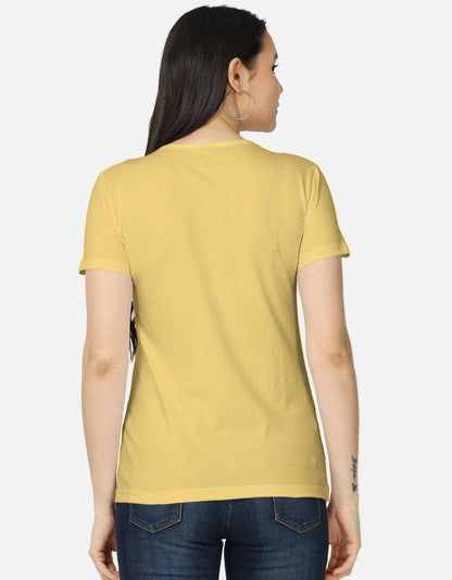 Back view of ALPHA HUE women's classic yellow Labubu character tee in soft cotton fabric